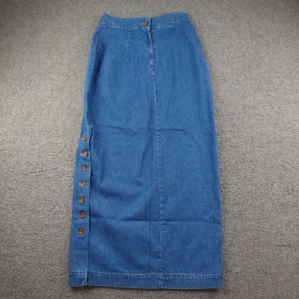 VTG Denim Maxi Skirt Sz 5/6 High Waist Side Button Blue 100% Cotton USA Made